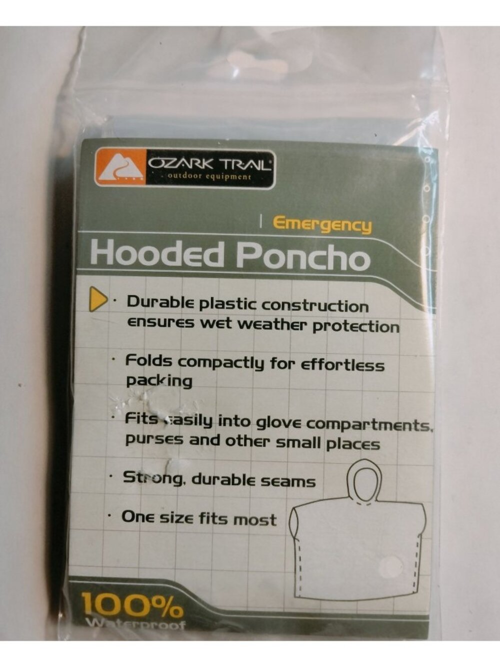 Ozark Trail Emergency Hooded Poncho Durable Plastic One Size Fits Most Compact